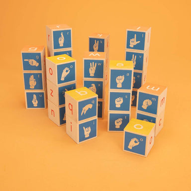 Uncle Goose American Sign Language Blocks set featuring 28 colorful cubes, perfect for spelling out your favorite snack names in ASL—because who says signing can't be tasty?