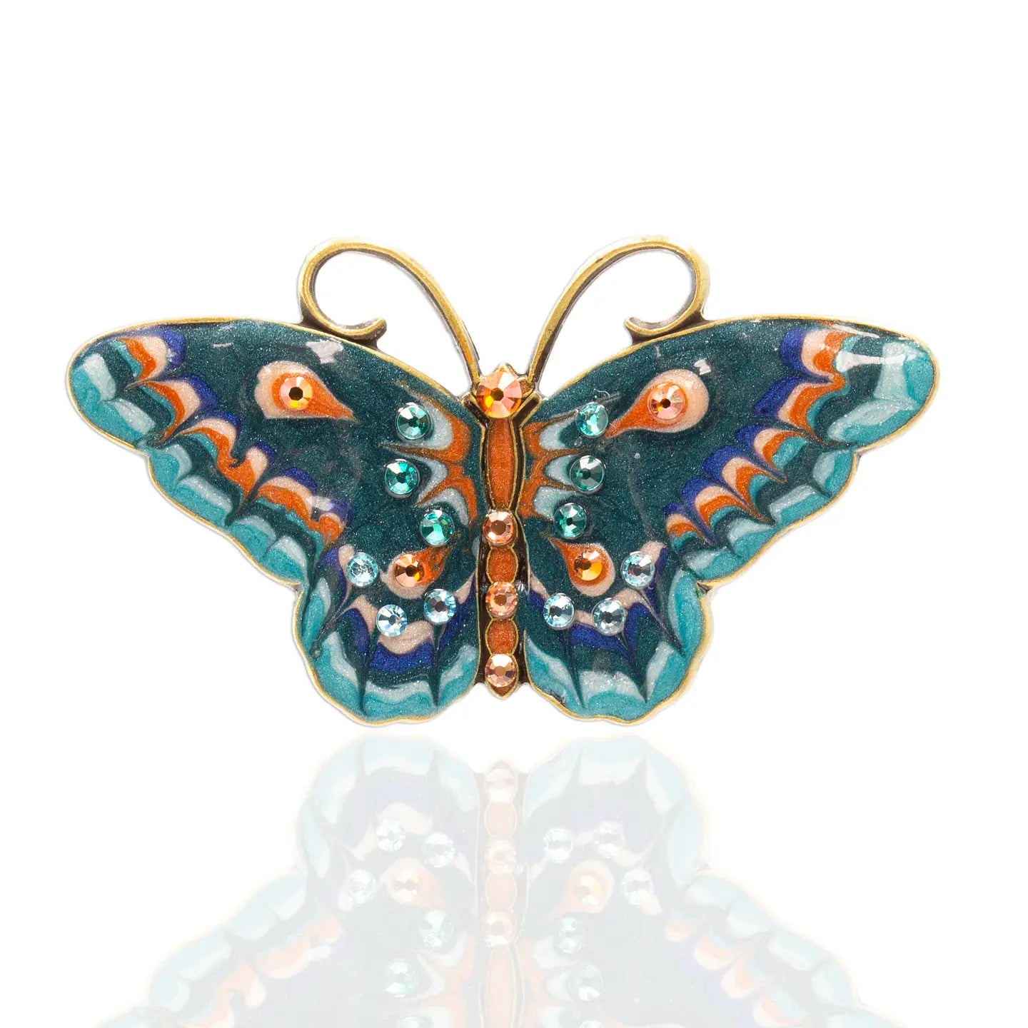 Crystal Butterfly Brooches by Anne Koplik Designs showcasing vibrant turquoise and clay colors with blue zircon and sparkling brown crystals, perfect for any adventure.