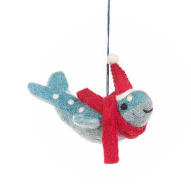 Felted narwhal ornament with a red scarf 