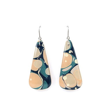 Navy and pastel colors mid century modern long earrings made with hand marbled paper and UV-cured resin, featuring titanium hooks for sensitive ears.