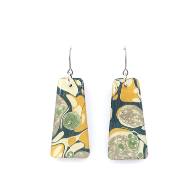 Unique pair of mid century modern mustard yellow marble earrings, featuring laser cut wood and UV-cured resin for a one-of-a-kind look.