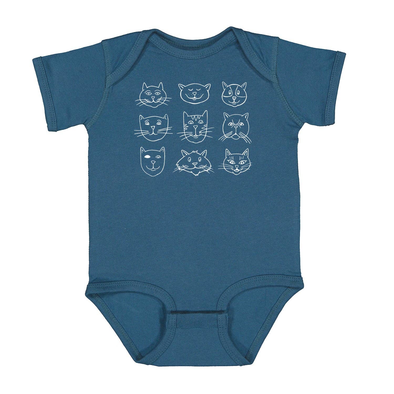 Cat Faces Baby Bodysuit - Eco-Friendly, Hand-Drawn, 3-18 Months