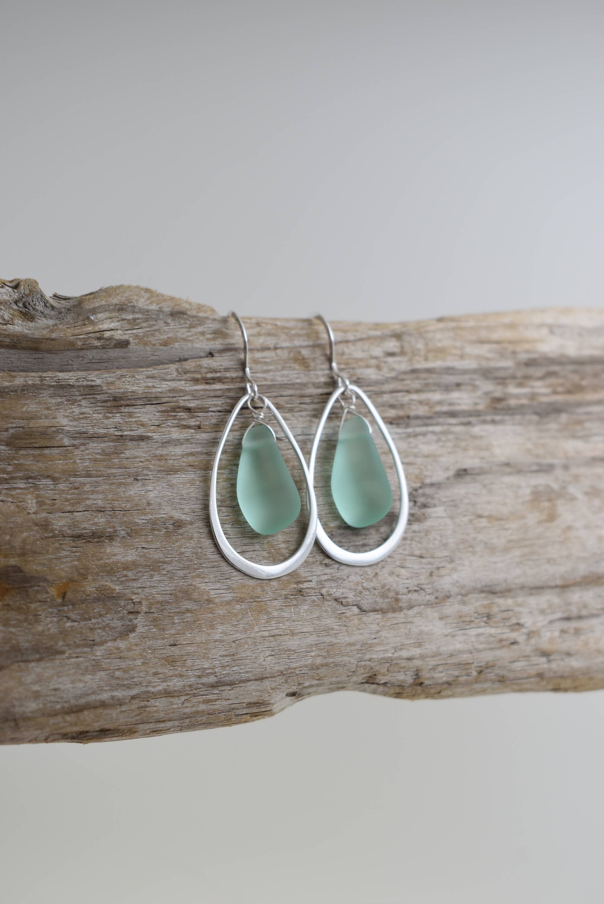 Organic Eco glass earrings with silver frame, ocean theme: TEAL