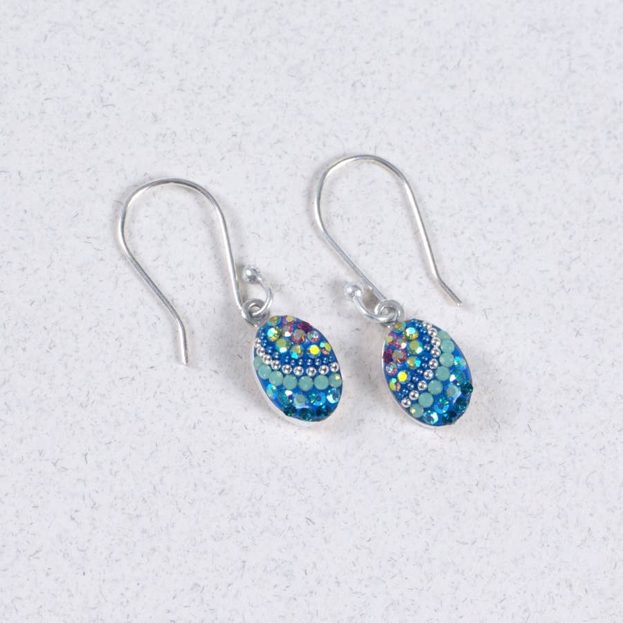 Petite Oval Earring by Mosaico Jewels featuring a shimmering blue design with sparkly accents, ideal for adding elegance to any outfit.