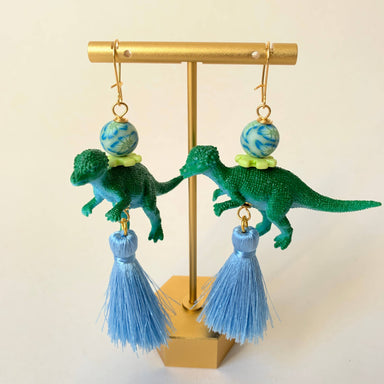dinosaur drop earrings with blue tassel