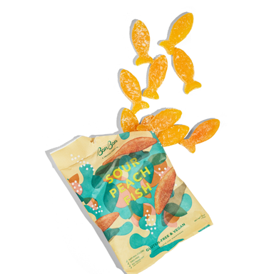 Sour Peach Fish - Swedish Candy 5.2oz (150g) pack showcasing vibrant gummy candies inspired by peach cobbler, vegan and gluten-free.