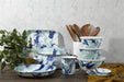 Complete Lagoon Enamelware collection by Crow Canyon Home, including square plates, bowls, and cookware, all in a beautiful blue and green marbled design.