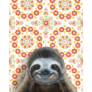Framed art print of an sloth on a patterned background