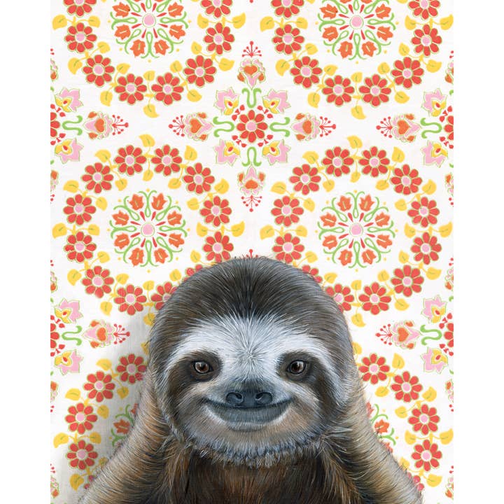 Framed art print of an sloth on a patterned background