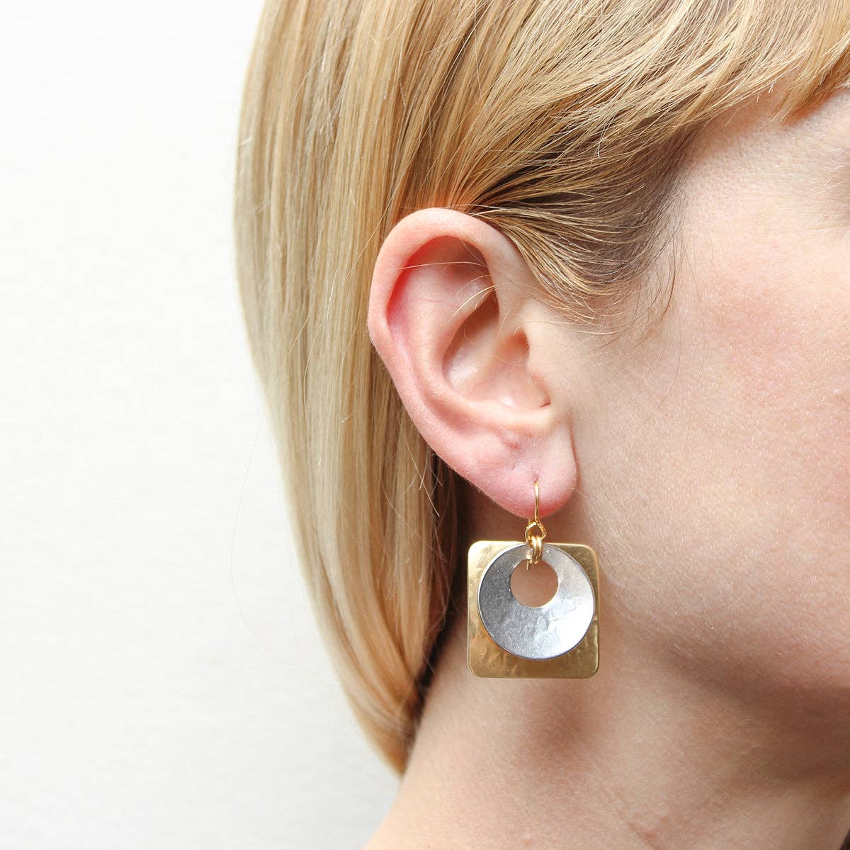 Large Cutout Disc with Square Square Wire Earrings by Marjorie Baer, handcrafted jewelry made in California