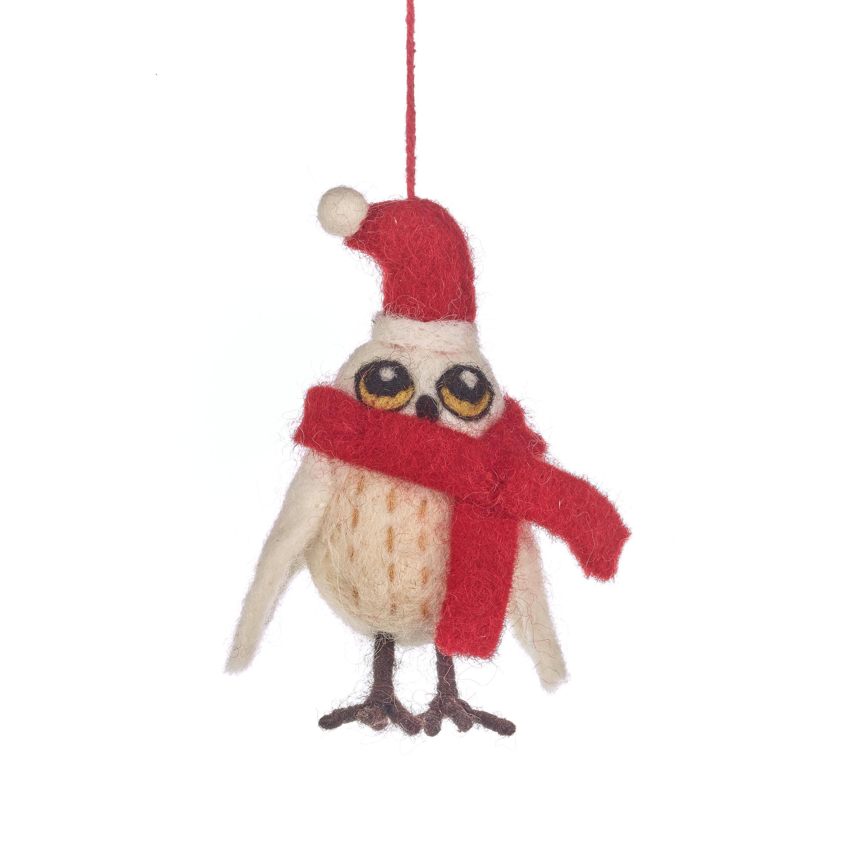 Felt owl ornament with red scarf and Santa hat 