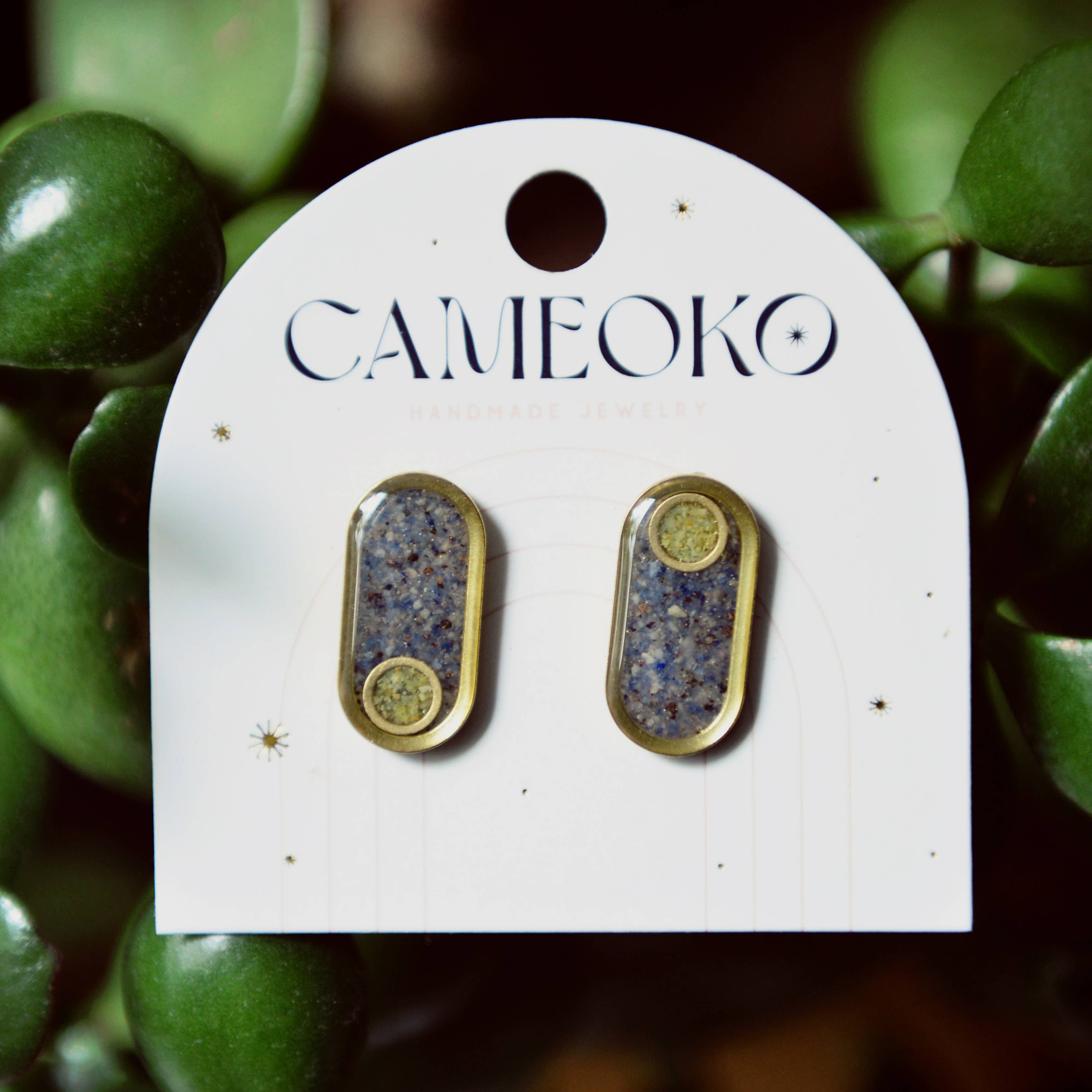 The Ellipse Earrings with crushed stone oval and round inlay