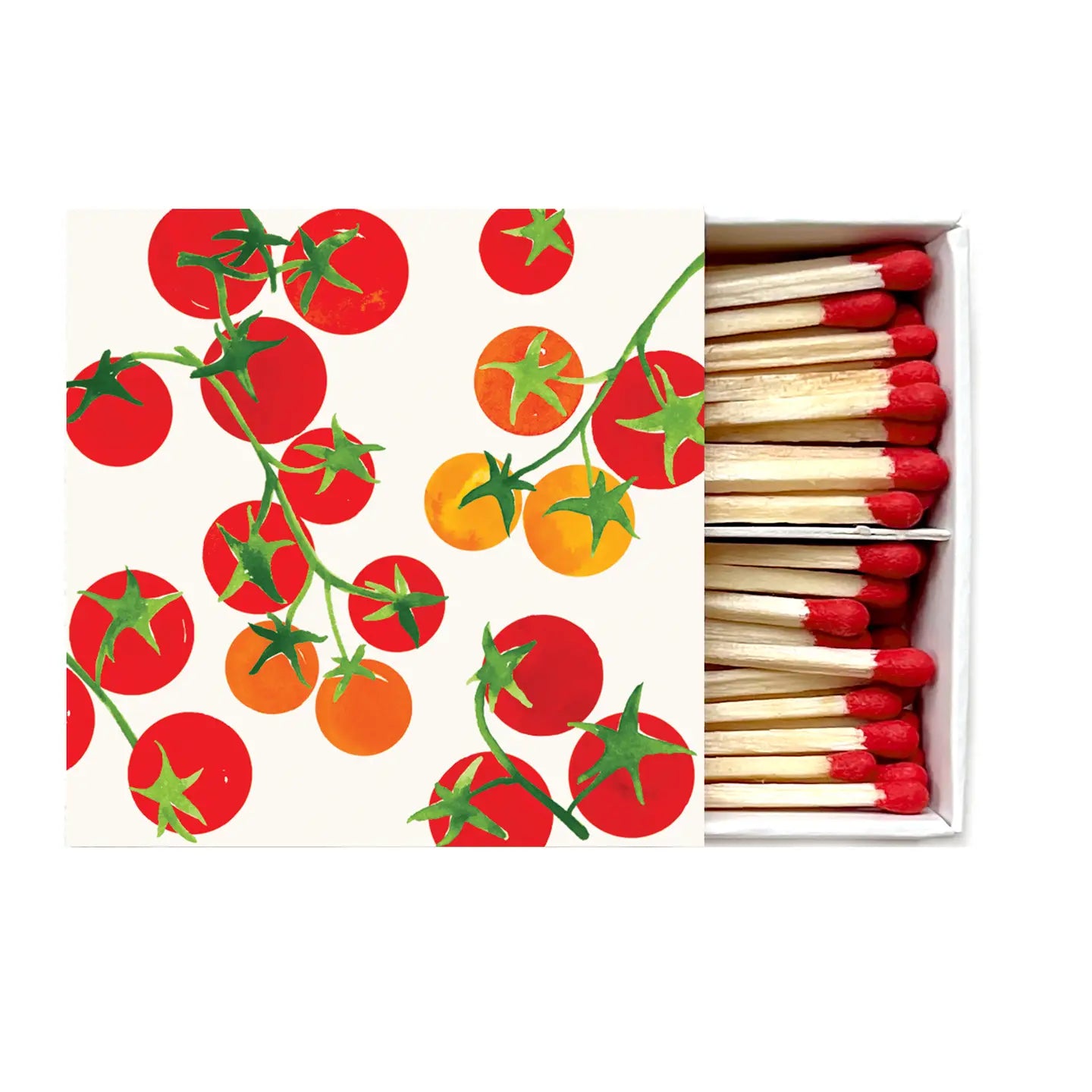 Celebration Candle Matches adorned with vibrant illustrations of red and orange tomatoes, crafted by Abigail Jayne Design. Perfect for culinary-themed gifts.