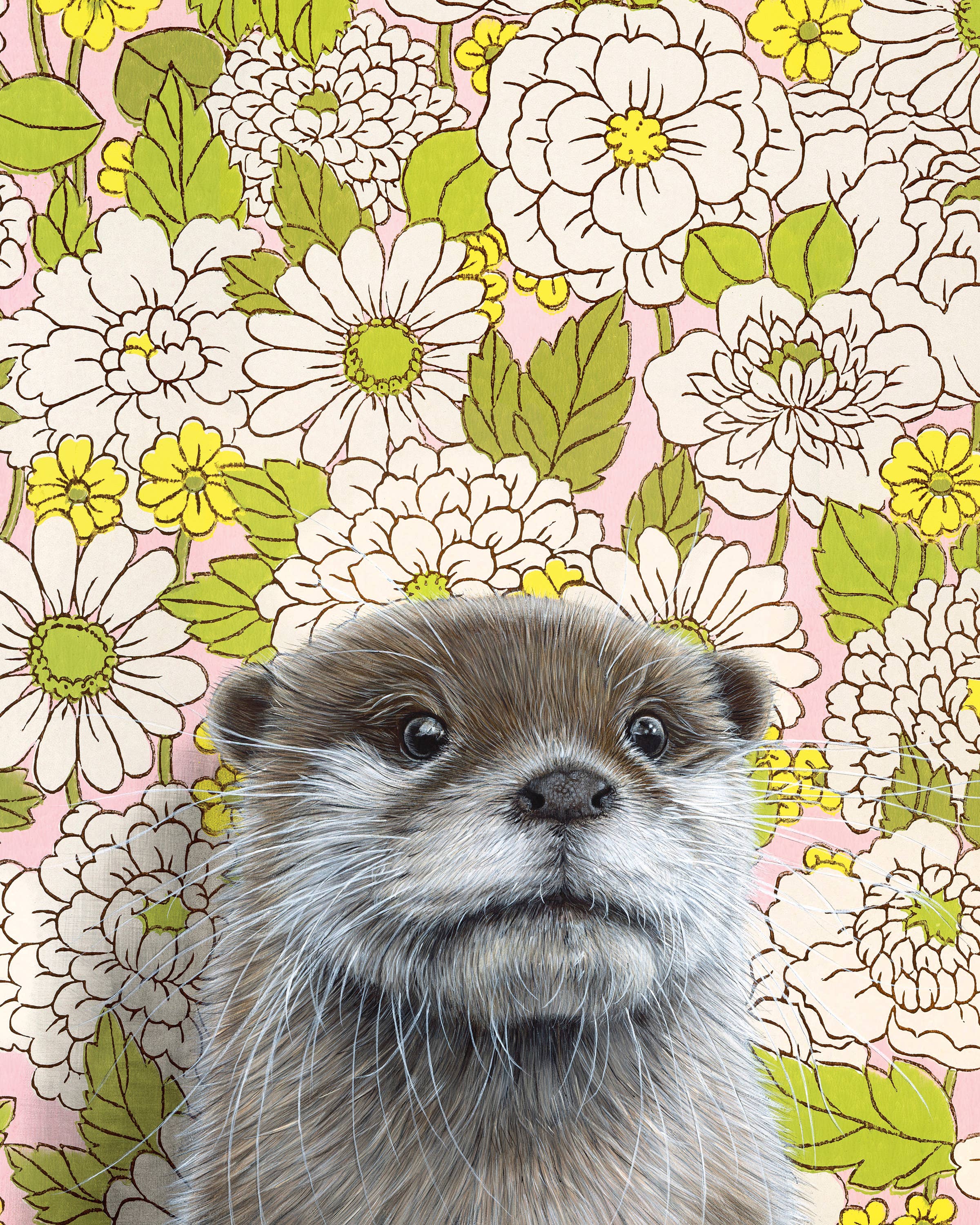 Close-up view of the 'Otter' fine art print by Emily Uchytil, showcasing a detailed otter face with a floral backdrop.