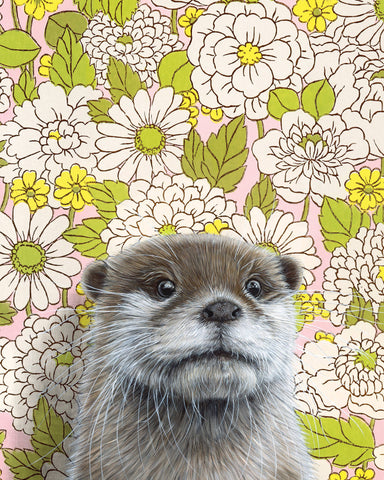 Close-up view of the 'Otter' fine art print by Emily Uchytil, showcasing a detailed otter face with a floral backdrop.