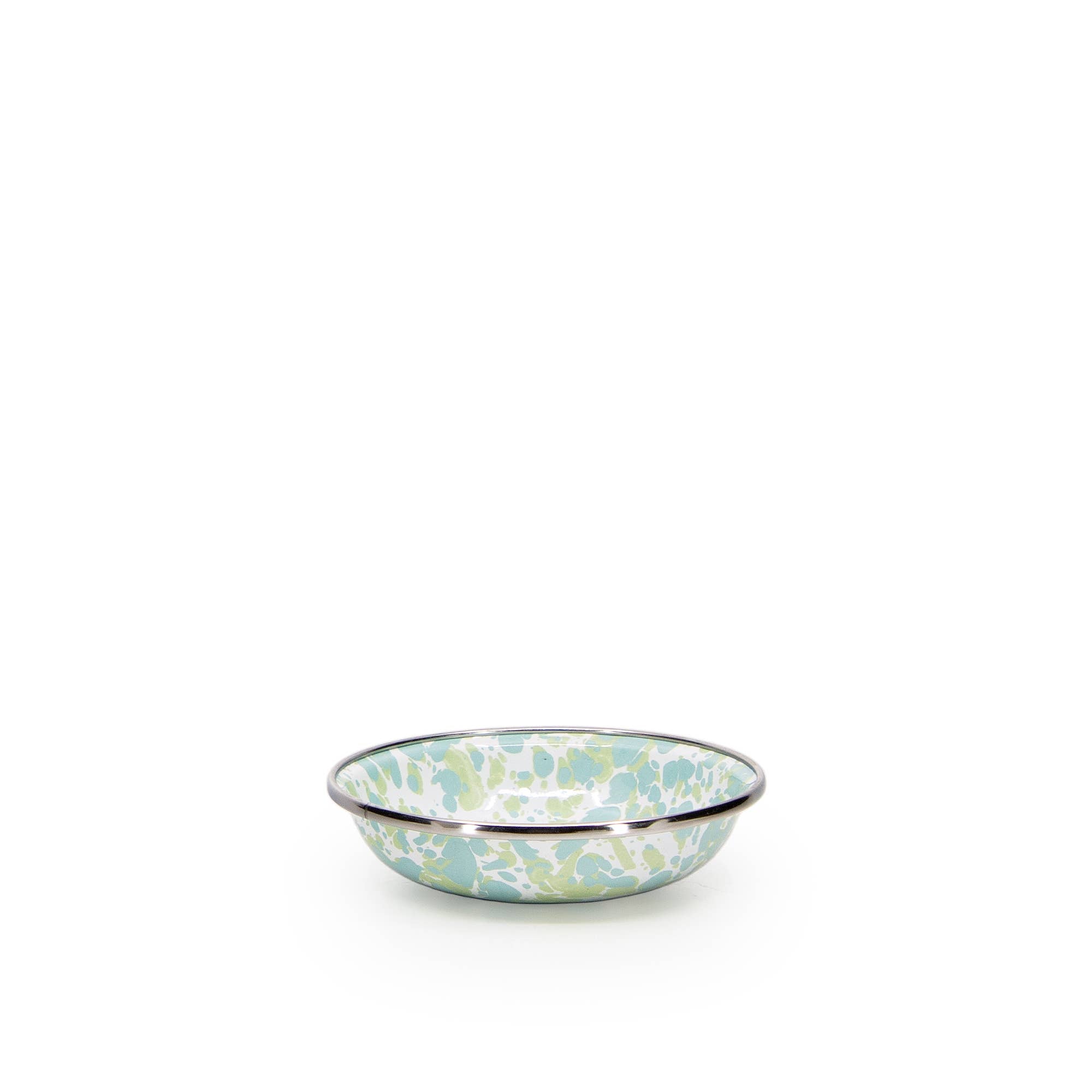 Individual Crow Canyon Home Enamelware Jardin Tasting Dish with distinctive Jardin swirl design, a stylish option for appetizers or samples, measuring 4.25 inches in diameter with a 4 ounce capacity.