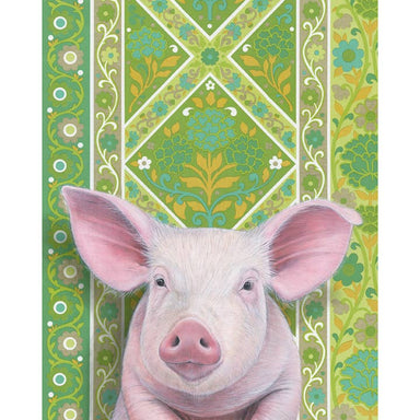 Close-up of a pig fine art print by Emily Uchytil, showcasing a charming piglet set against colorful vintage wallpaper with floral motifs.