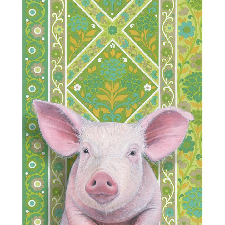 Close-up of a pig fine art print by Emily Uchytil, showcasing a charming piglet set against colorful vintage wallpaper with floral motifs.