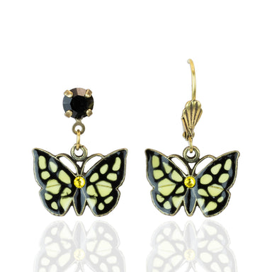 Yellow and Black Swallowtail Butterfly Crystal Earrings from Anne Koplik Designs, featuring antique brass castings, surgical steel posts, and an elegant design perfect for any occasion.