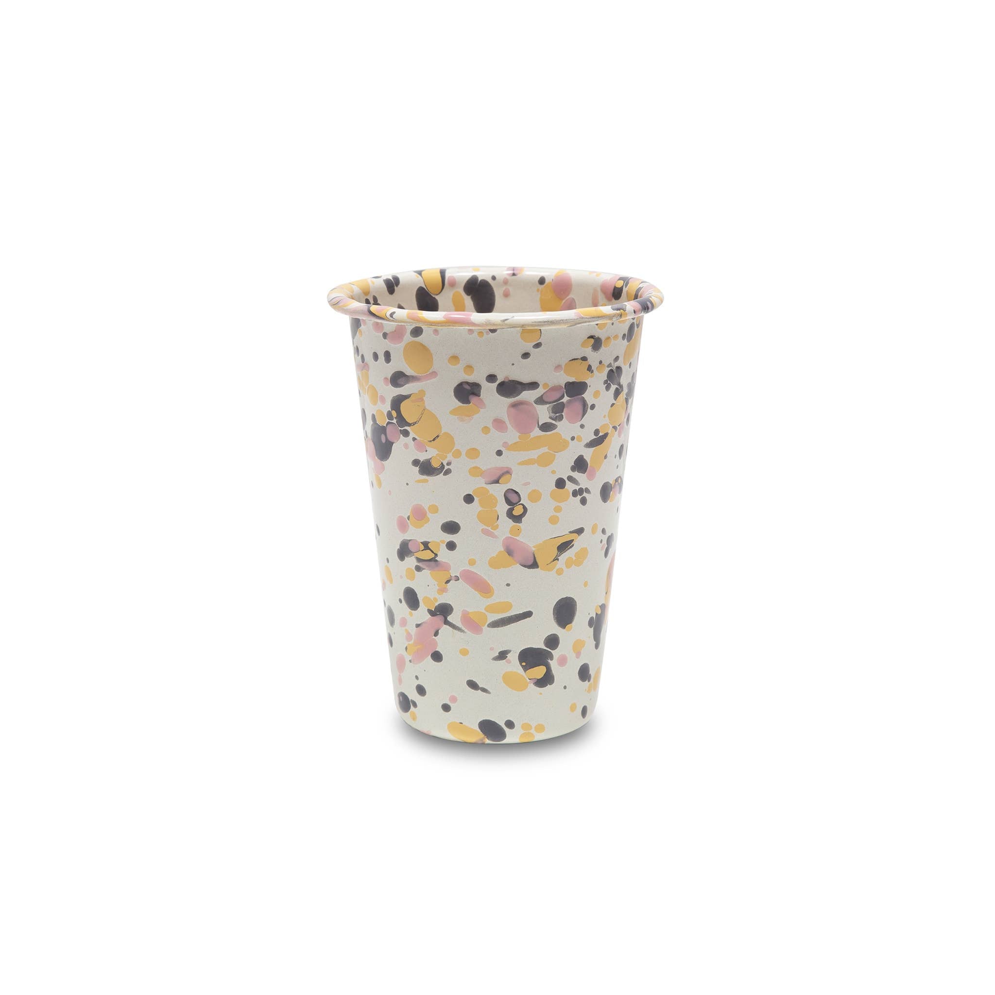 Catalina Enamelware 14 oz Tumbler featuring a vibrant pastel splatter pattern by Crow Canyon Home, designed for durability and style.