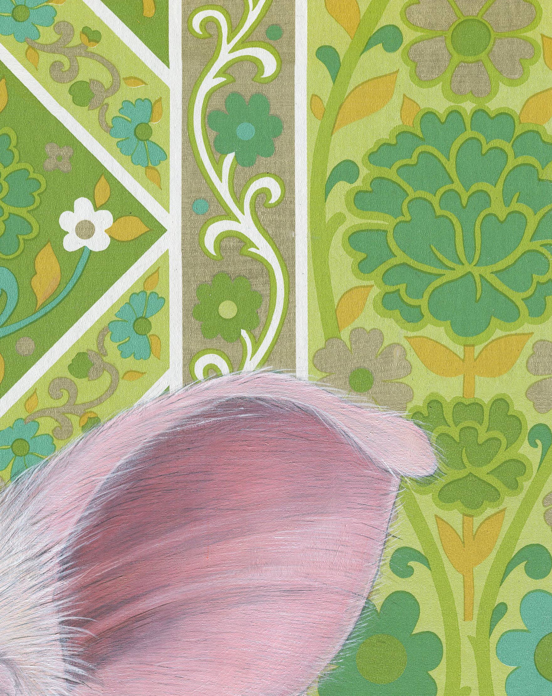 Detail of a pig's ear in a fine art print by Emily Uchytil, highlighting intricate patterns and textures against a vibrant green background.