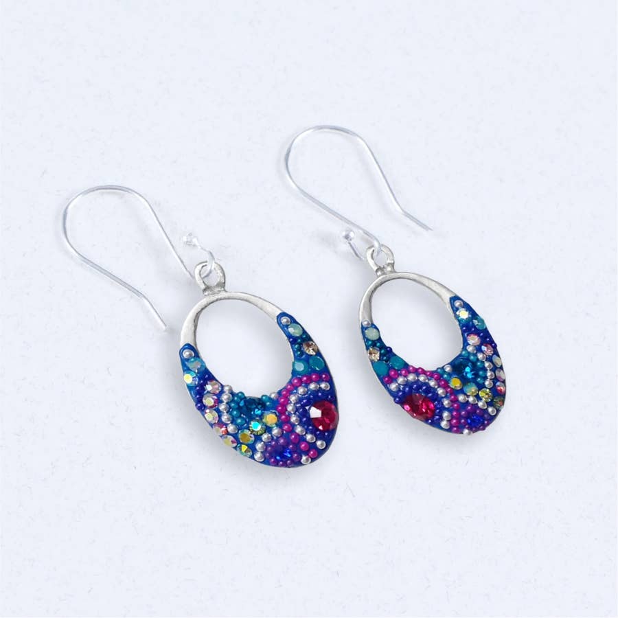 Crystal Oval Gondola Earrings by Mosaico Jewels featuring petite oval design in sparkling crystal and silver, perfect for everyday wear.
