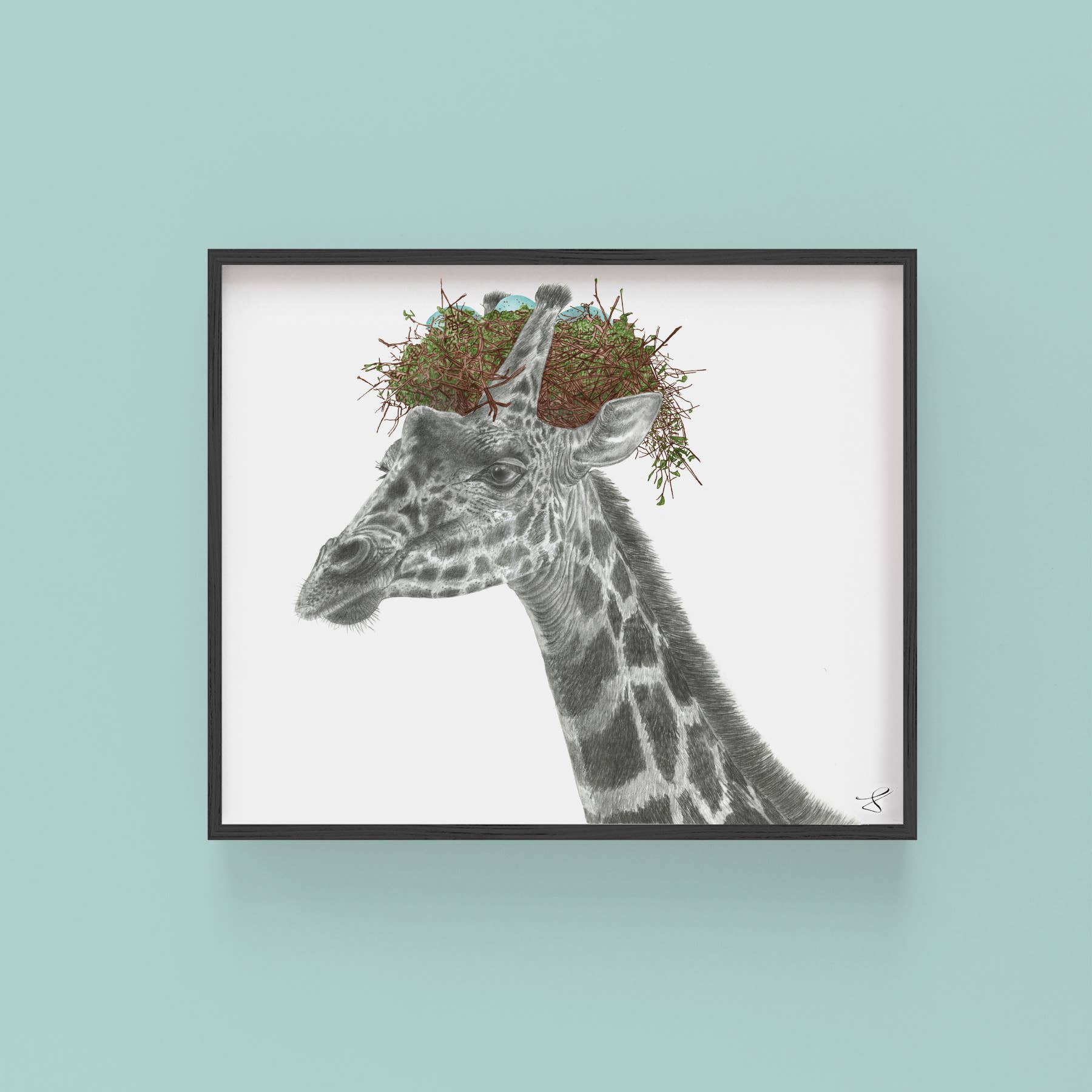 giraffe with a nest on his head framed portrait