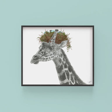 giraffe with a nest on his head framed portrait
