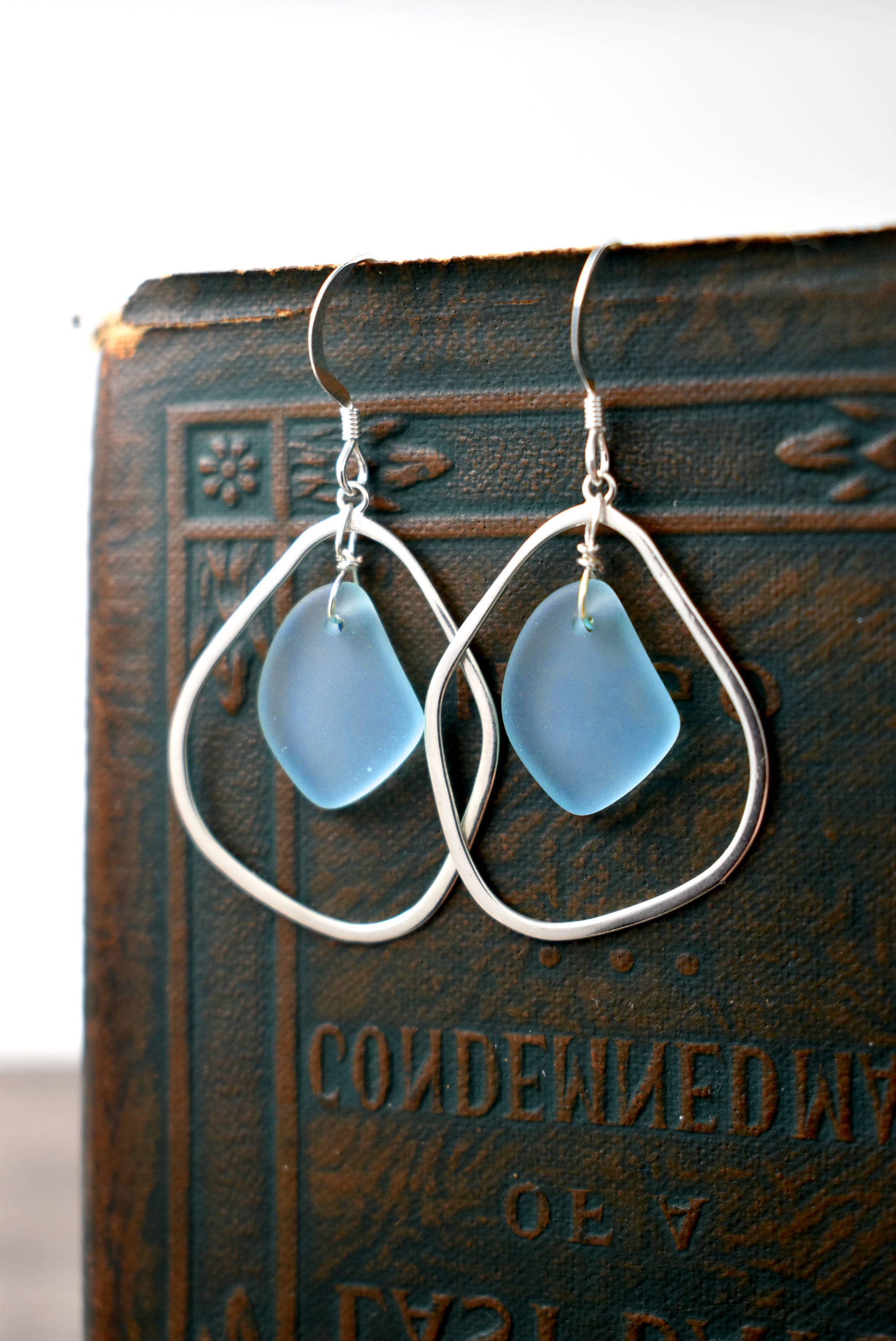 silver hoop with sea glass drop earrings