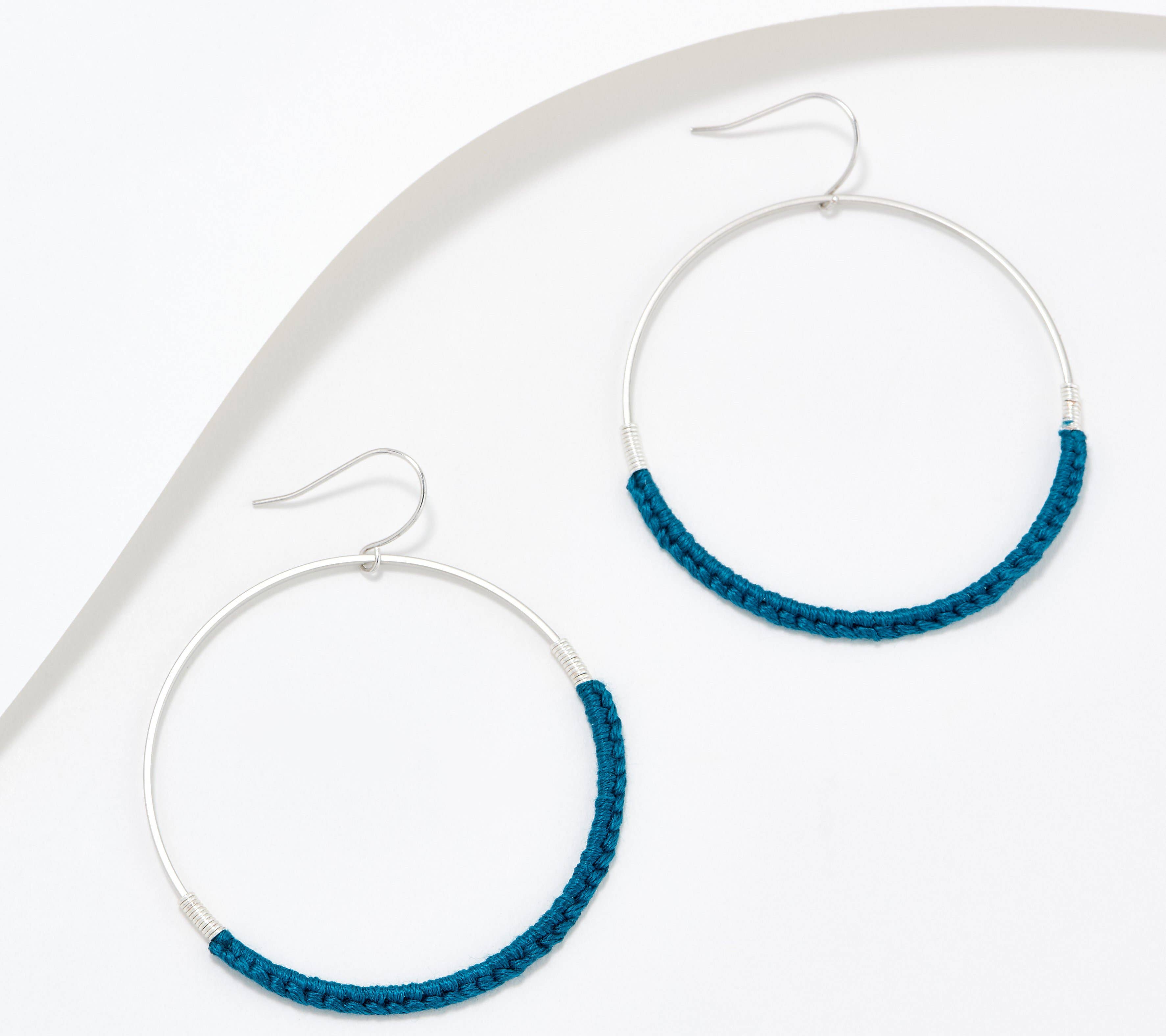 silver hoop blue macrame earrings