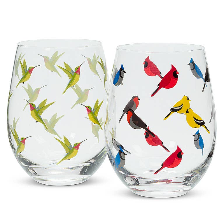 Multi Bird Stemless Wine Glass by Abbott showcasing a vibrant graphic design of colorful birds in flight on clear glass.