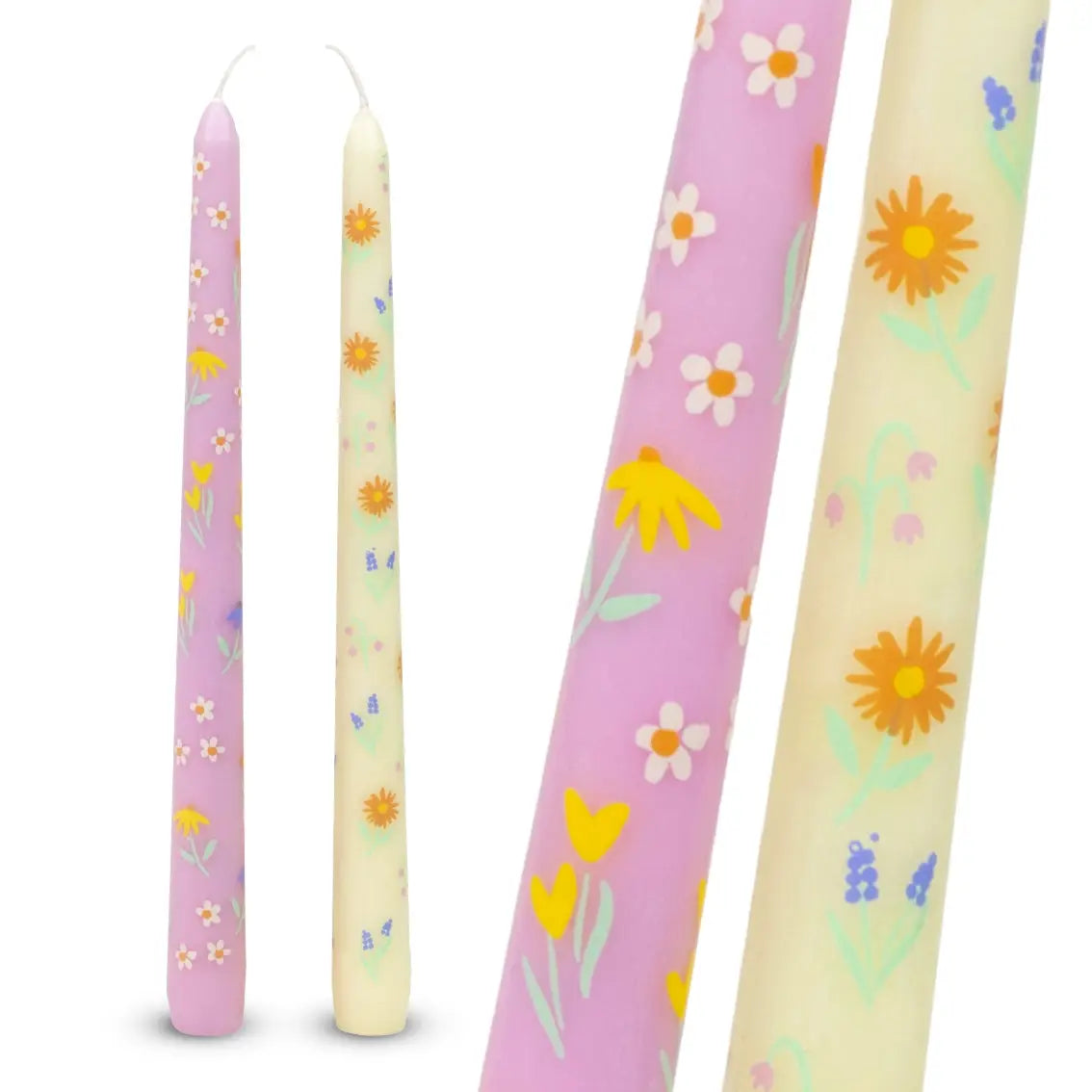 Taper Dinner Candles by Talking Tables USA featuring pastel floral designs on pink and cream backgrounds, perfect for enhancing dinner tables and mantlescapes.