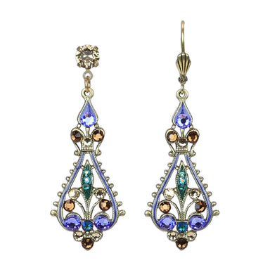 Filigree Green Purple and Brown Open Spade Crystal Earrings by Anne Koplik Designs, showcasing intricate metalwork and sparkling crystal accents, perfect for a vintage-inspired look.