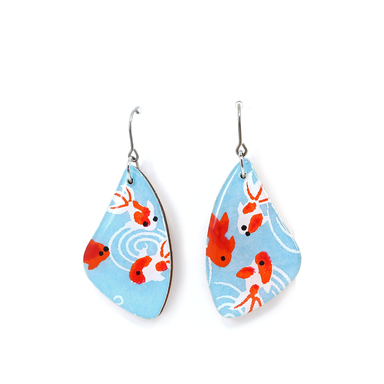 Mint blue goldfish titanium dangle earrings showcasing a tiny goldfish design made with Japanese Chiyogami paper.