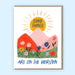 Firefly Paper Studio Card Collection featuring a colorful landscape illustration with the sun and flowers, captioned 'Good Things Are on the Horizon', ideal for uplifting greetings.