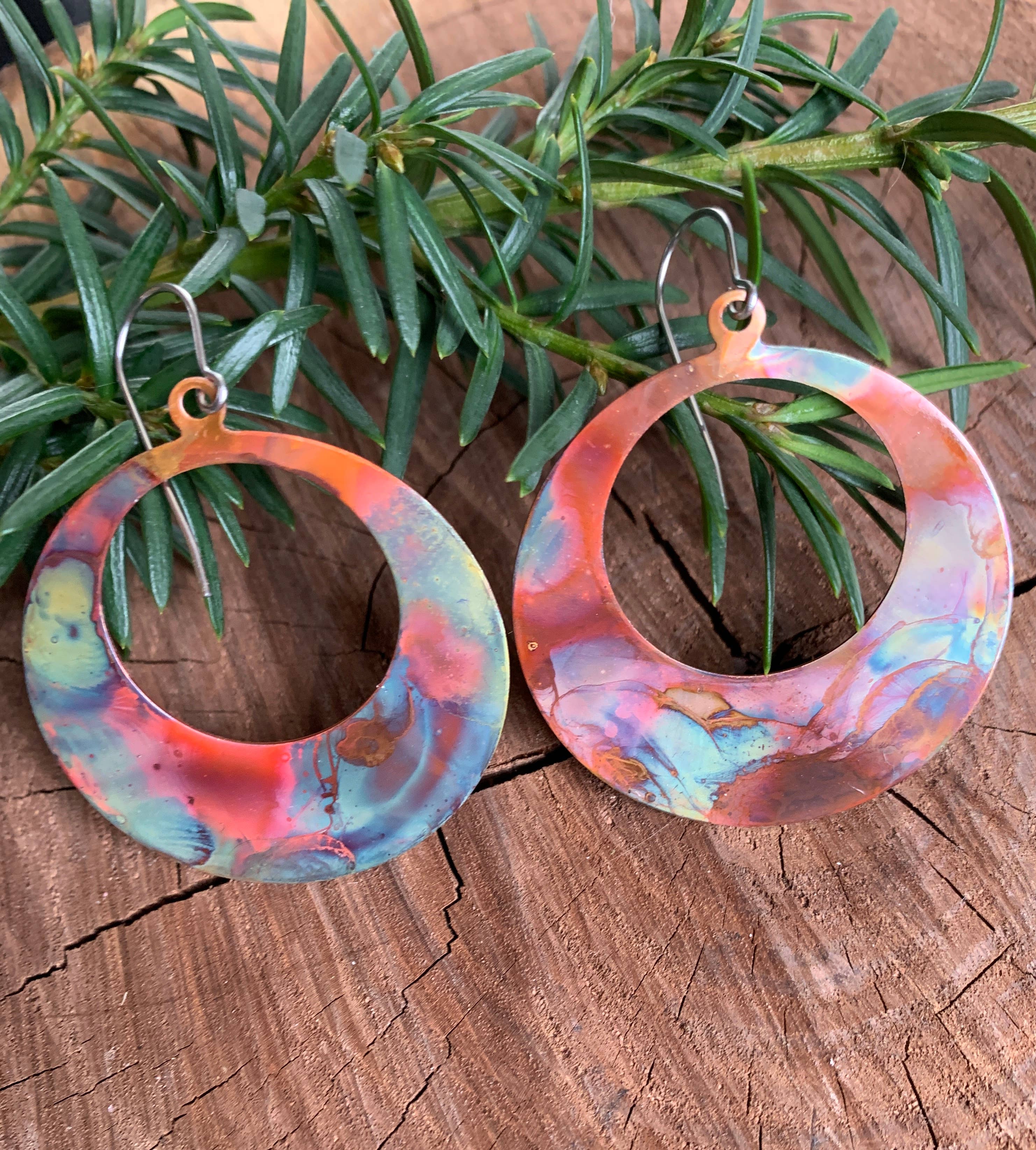 Front view of Boho Large circle earrings, emphasizing their lightweight design and artistic copper finish.