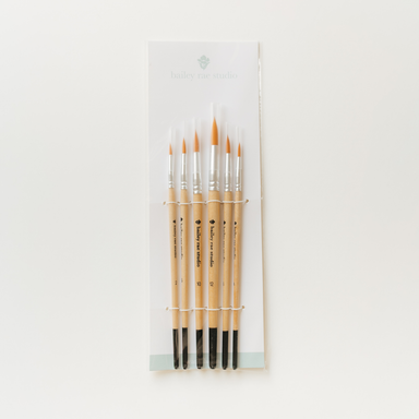 Round Tip Watercolor Brush Set - 6 piece by Bailey Rae Studio, ideal for artists of all levels, showcasing versatile round brushes for fine details, smooth washes, and blending.