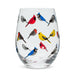 Multi Bird Stemless Wine Glass by Abbott featuring a vibrant design of colorful birds on a clear glass, perfect for wine or beverages.
