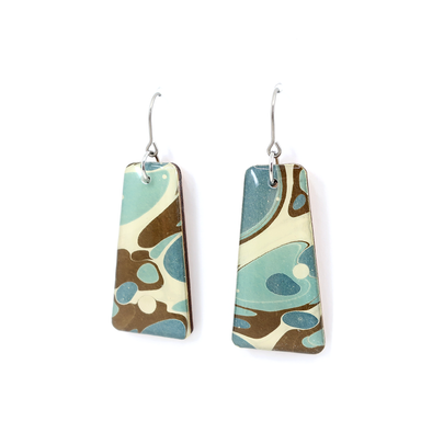 Blue and chocolate brown marble dangle modern earrings - Unique handmade earrings crafted from hand-marbled UK paper, featuring UV-cured resin and nickel-free titanium wire hooks.