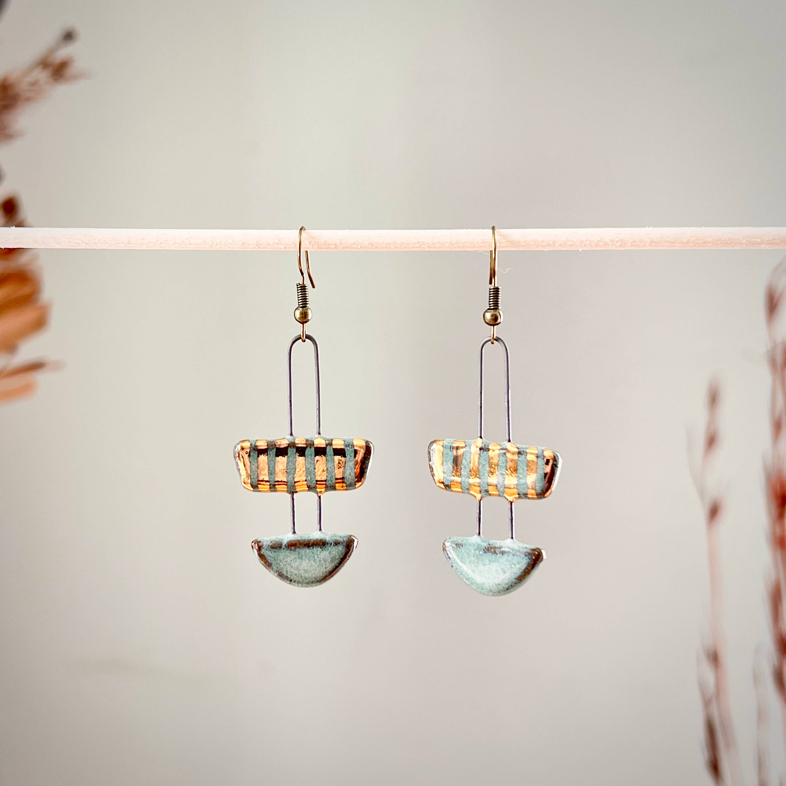 Turquoise Two Piece Striped Ceramic Clay Earrings