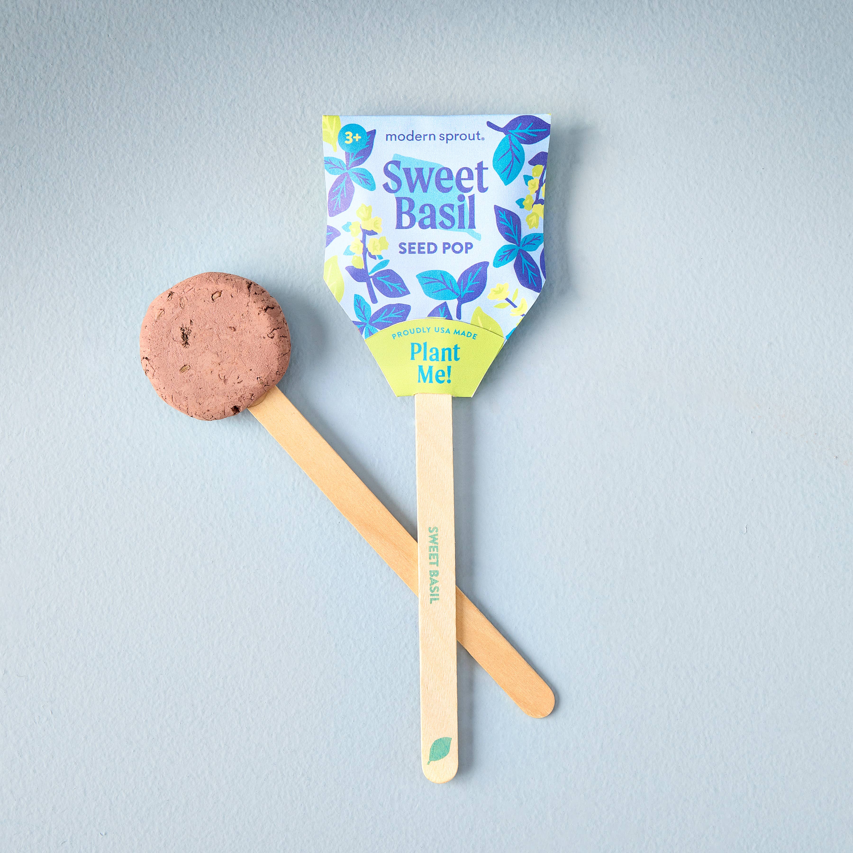 Sweet Basil Seed Pop by Modern Sprout, featuring a clay-coated seed disc and a wooden stick for planting instructions.