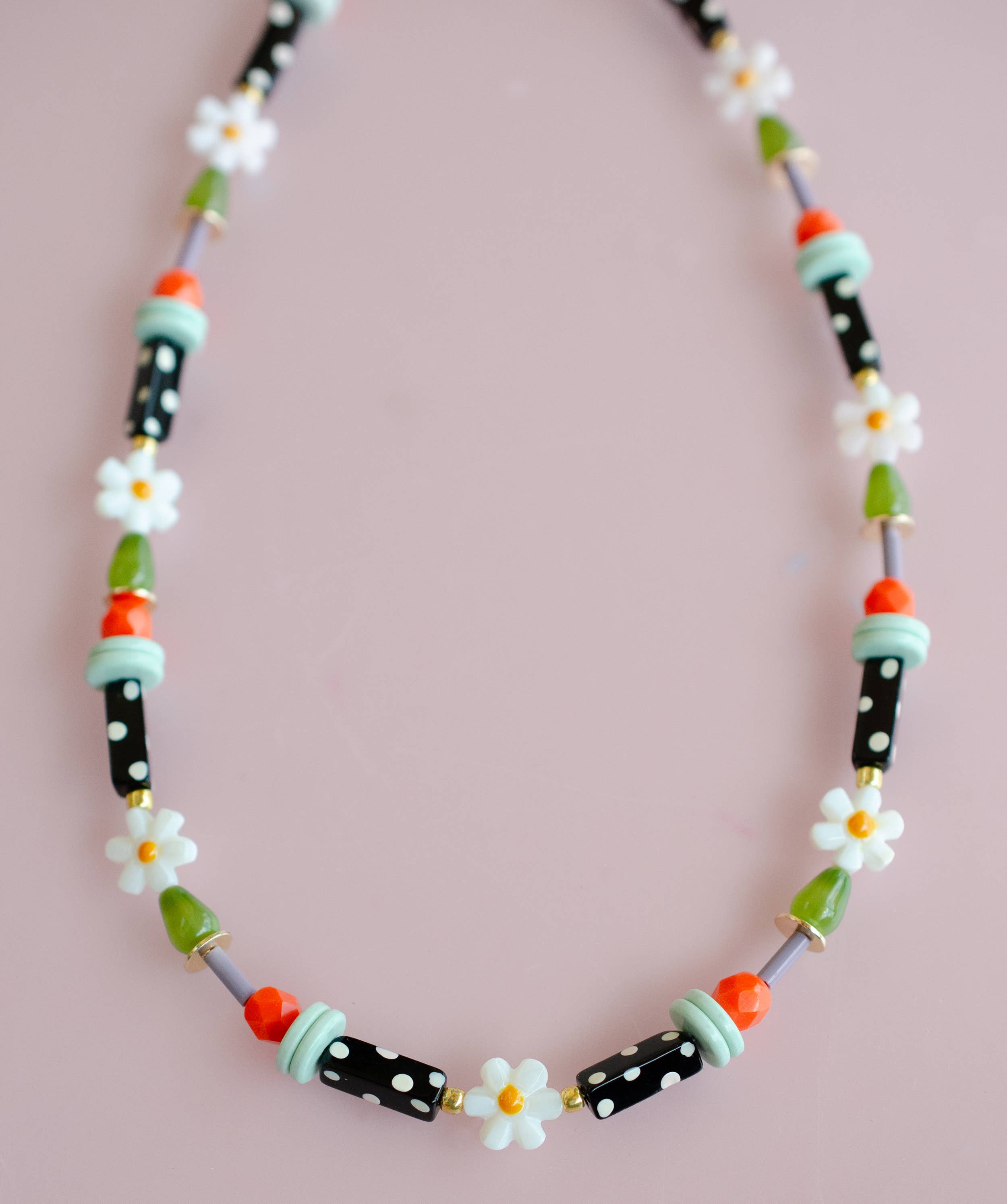 Black and white polka dot flower necklace