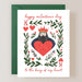 Valentine's Day card depicting a heart-themed king character surrounded by foliage and hearts, with the message 'Happy Valentine's Day to the king of my heart'. Part of the Valentine's Day Card Collection by ARTISANS & agency.