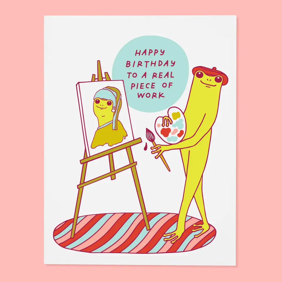 Whimsical birthday card depicting a quirky artist and painting, designed by The Good Twin. From The Good Twin Card Collection.