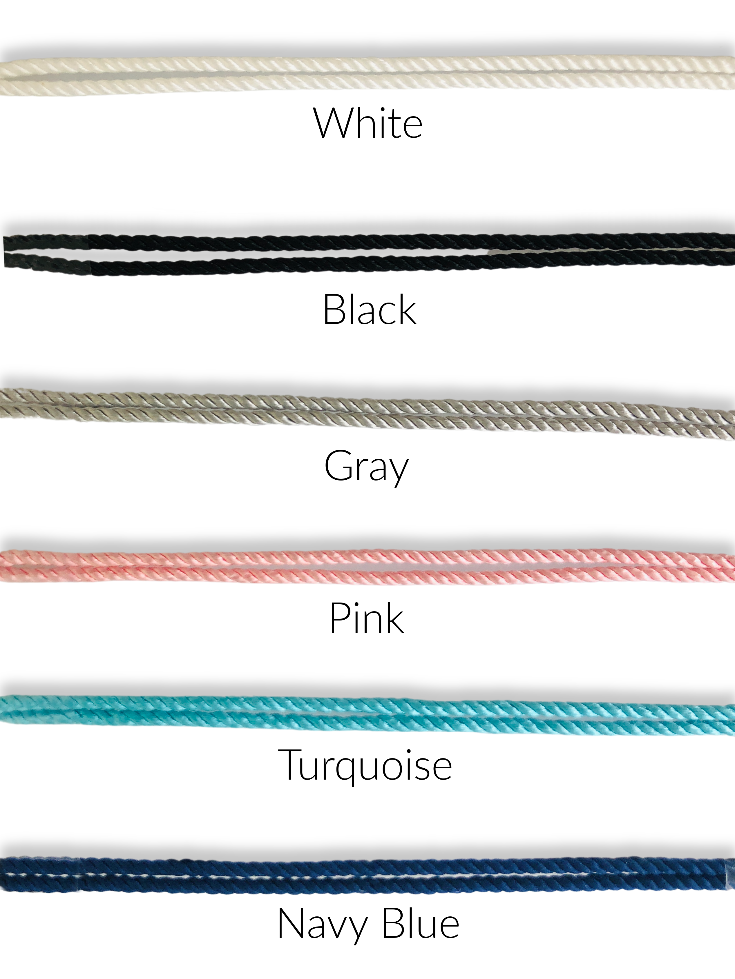 Various color options for Foterra Jewelry's Slide Bracelet - Rise With The Tide including white, black, gray, pink, turquoise, and navy blue nylon cords.