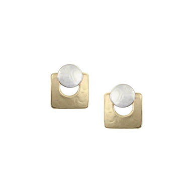 Small Disc with Cutout Square Post Earrings made by Marjorie Baer, featuring a silver hammered texture layered over a rounded cutout square, measuring 0.5 inches x 0.55 inches.