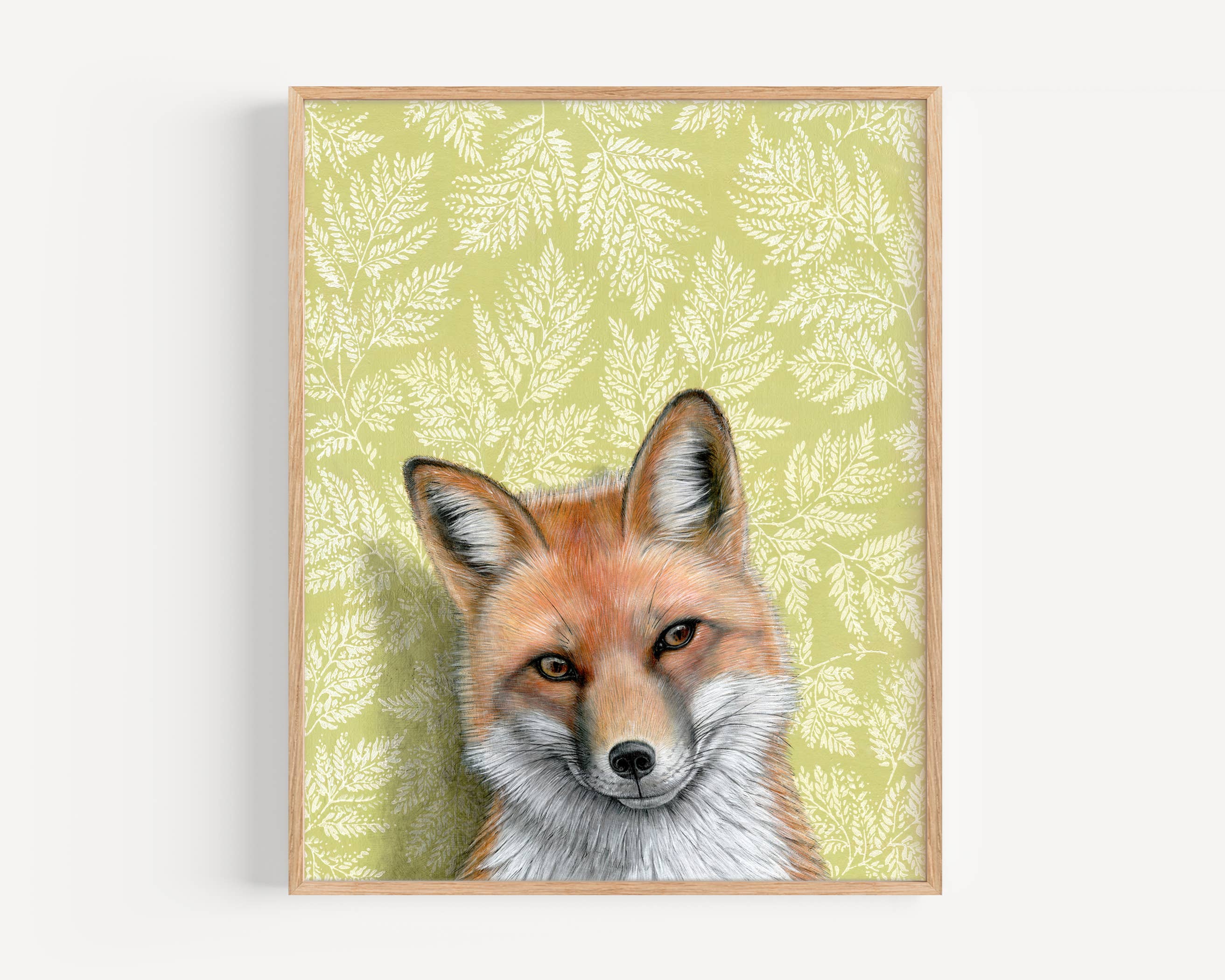 Framed art print of a fox on a patterned background.