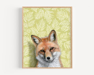 Framed art print of a fox on a patterned background.