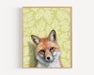 Framed art print of a fox on a patterned background.