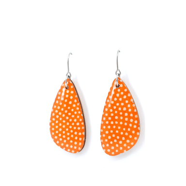 Polka dot Japanese Chiyogami wooden earrings in orange, featuring laser cut wood and UV-cured resin, perfect for sensitive ears.